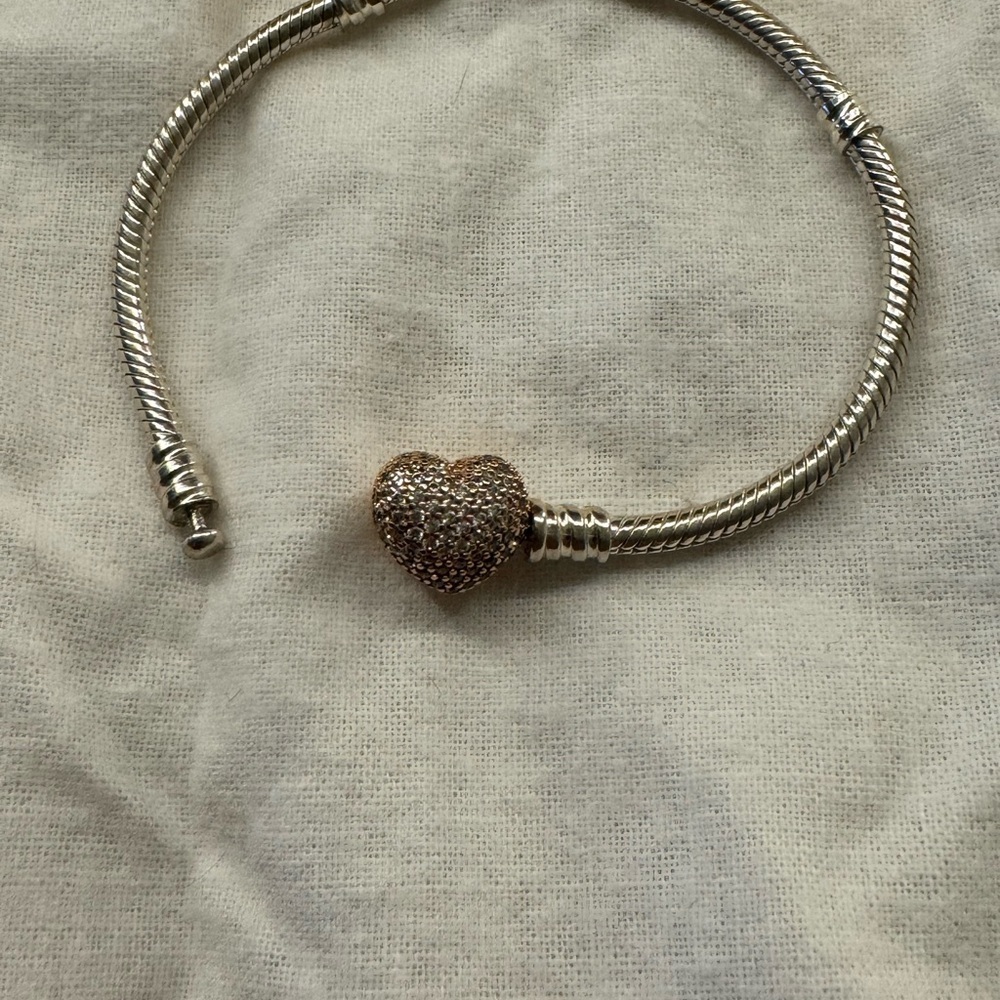 Pandora Pavé Sterling Silver Bracelet w 14k rose gold-plated heart clasp - - Picture 13 of 15